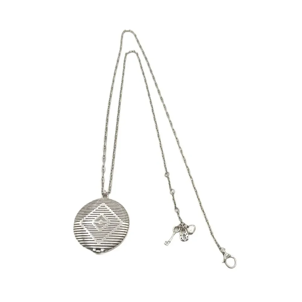 Fossil Locket Pendant Necklace 35” Silver Tone Charms Geometric Boho Chic Aztec
